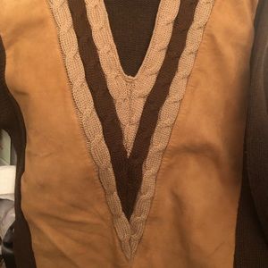 Vintage Brian MacNeil wool lined V Neck cable-knit Sweater w Suede front, 1950’s